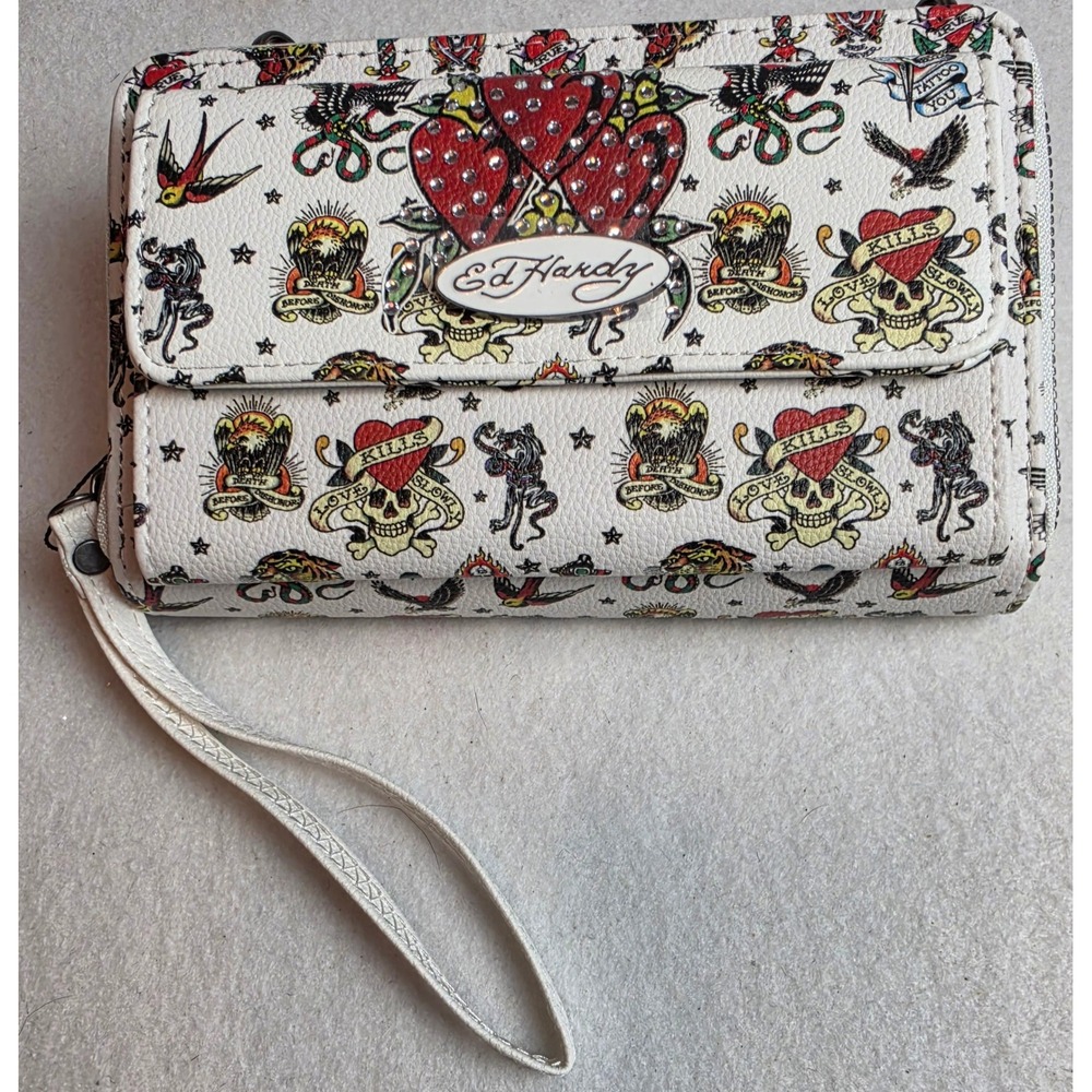 Ed Hardy White Tattoo Print Crossbody Wallet Bag Love Kills Slowly Y2K EHW672-42